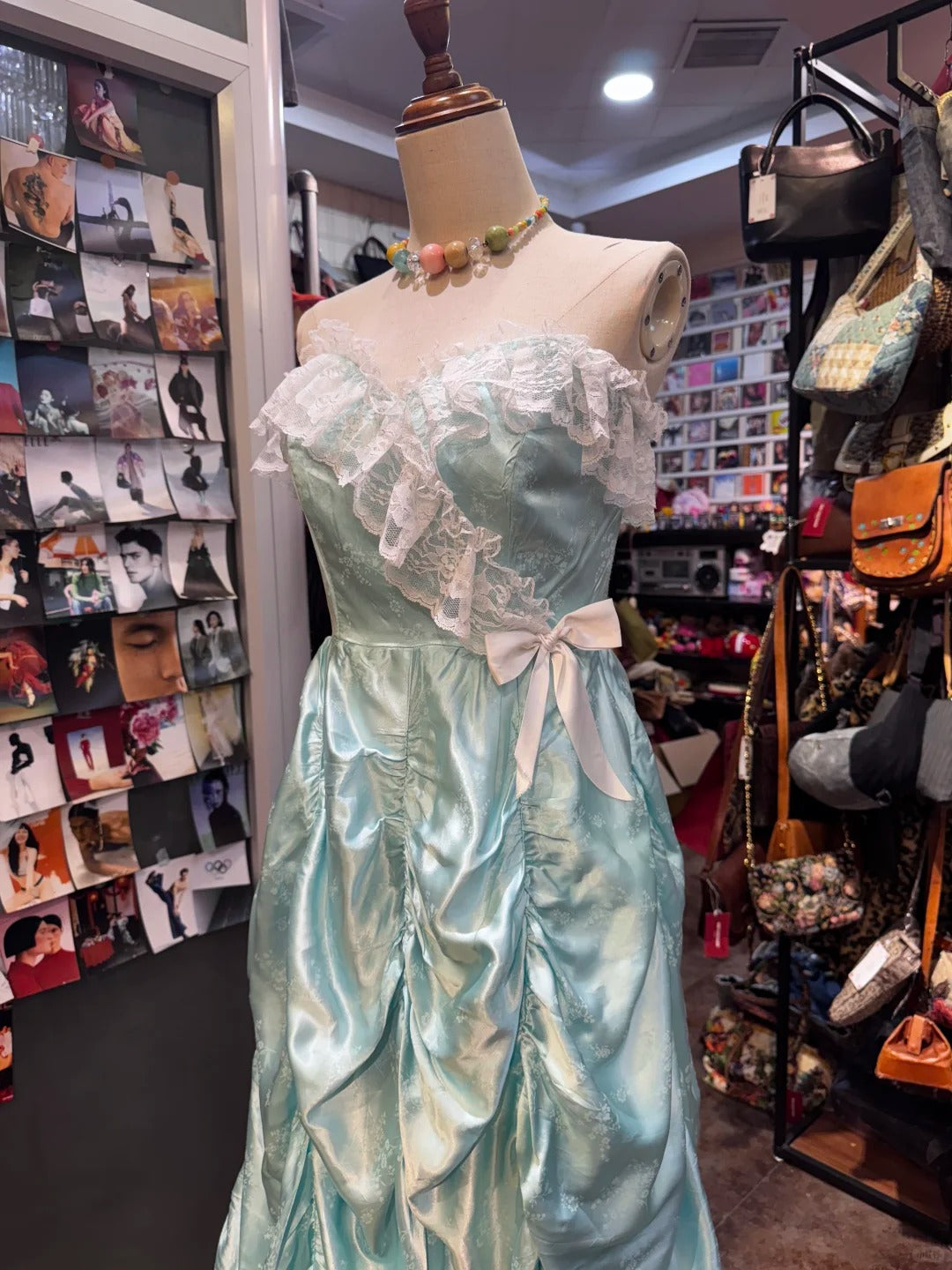 French Retro Mint Green A-Line Strapless Lace Ruffle Satin Long Formal Prom Dresses