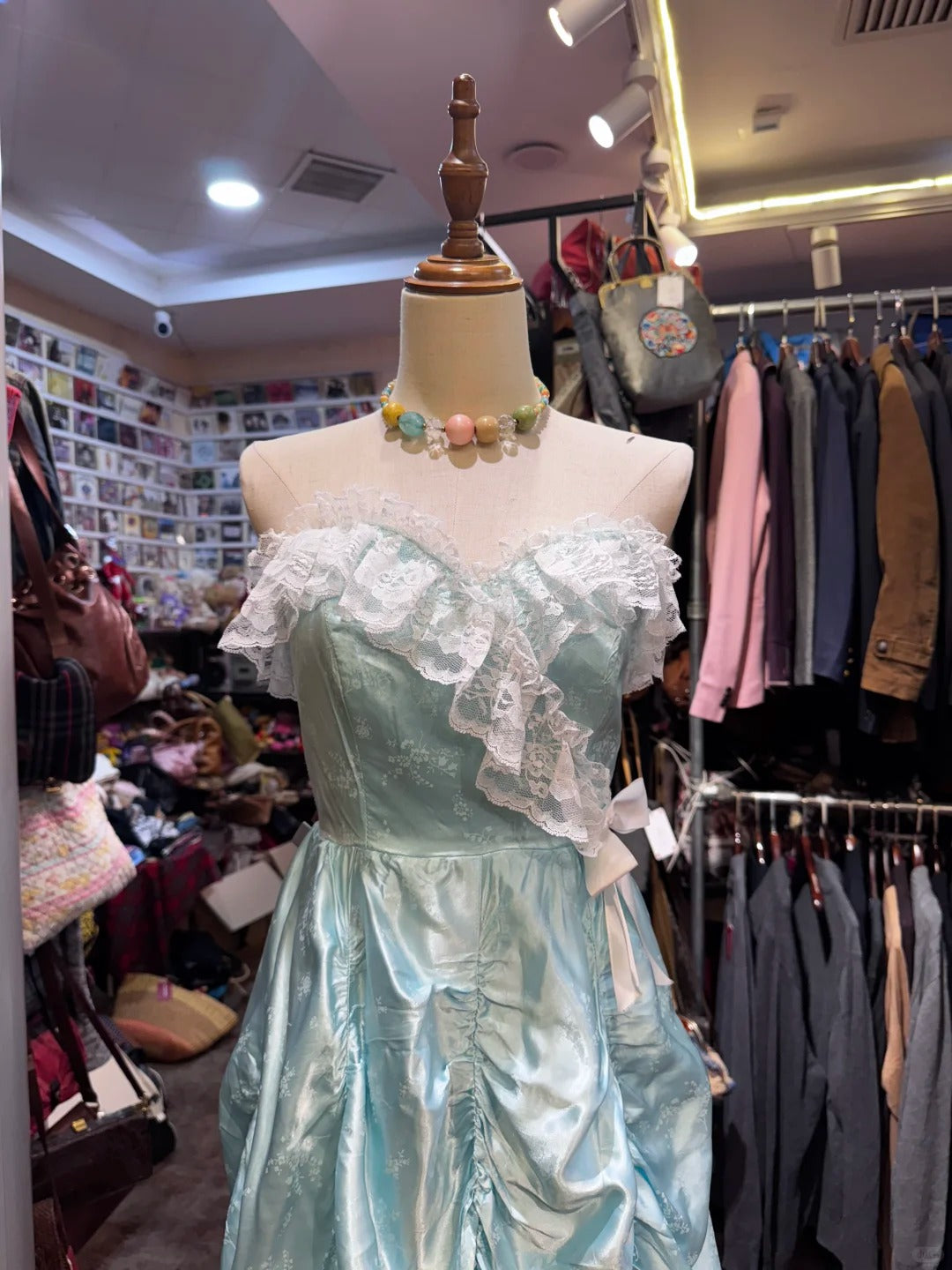 French Retro Mint Green A-Line Strapless Lace Ruffle Satin Long Formal Prom Dresses
