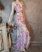 French Romantic Purple Floral Print V-Neck Backless Layered Pleated Chiffon Formal Prom Dresses