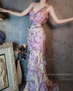 French Romantic Purple Floral Print V-Neck Backless Layered Pleated Chiffon Formal Prom Dresses
