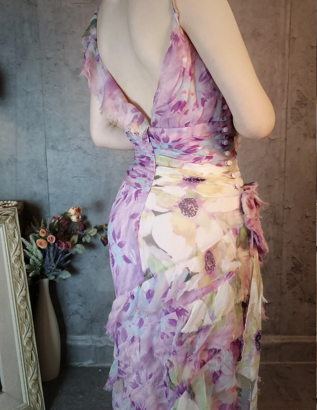 French Romantic Purple Floral Print V-Neck Backless Layered Pleated Chiffon Formal Prom Dresses