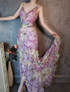 French Romantic Purple Floral Print V-Neck Backless Layered Pleated Chiffon Formal Prom Dresses