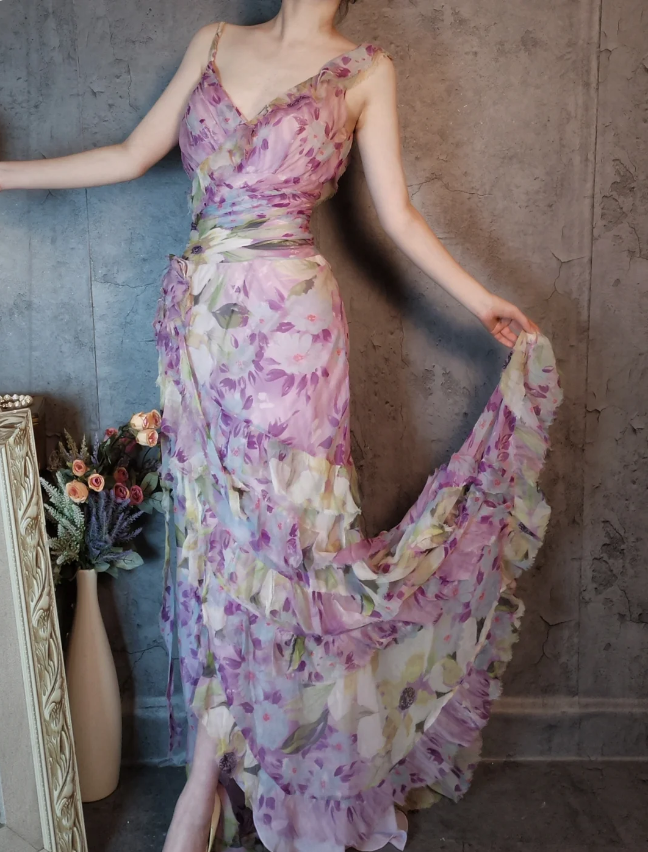 French Romantic Purple Floral Print V-Neck Backless Layered Pleated Chiffon Formal Prom Dresses