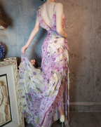 French Romantic Purple Floral Print V-Neck Backless Layered Pleated Chiffon Formal Prom Dresses