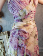 French Romantic Purple Floral Print V-Neck Backless Layered Pleated Chiffon Formal Prom Dresses