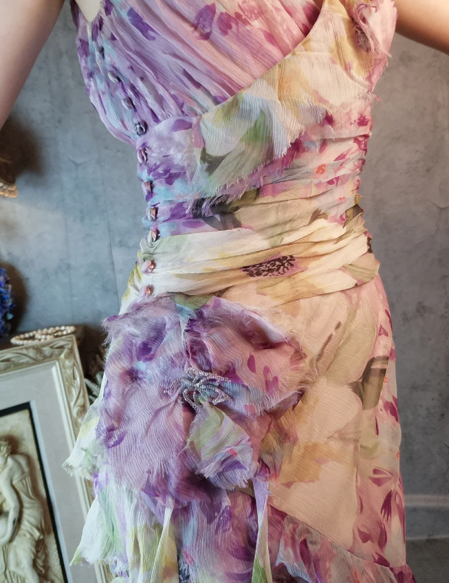 French Romantic Purple Floral Print V-Neck Backless Layered Pleated Chiffon Formal Prom Dresses