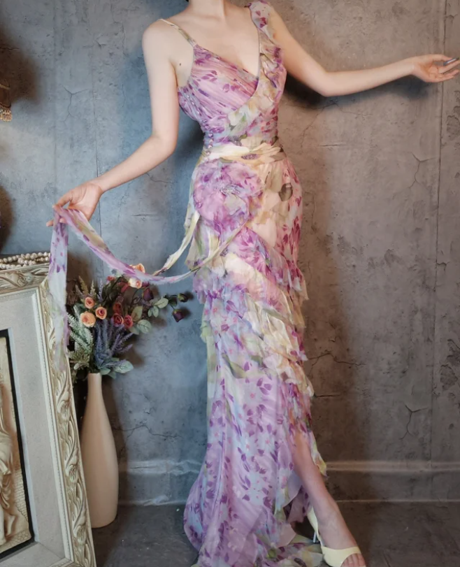 French Romantic Purple Floral Print V-Neck Backless Layered Pleated Chiffon Formal Prom Dresses Main image