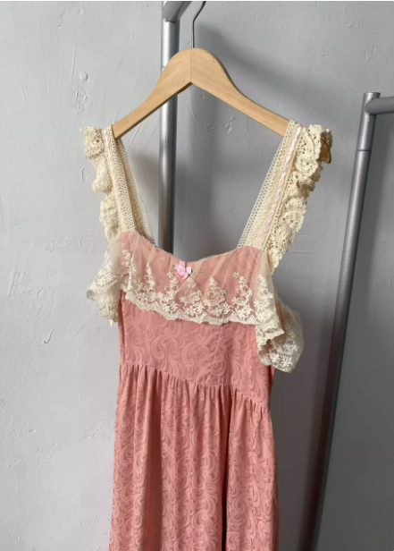 French Style Blush Pink Spaghetti Strap Square Neck Lace Jacquard Satin Formal Prom Dresses Secondary image