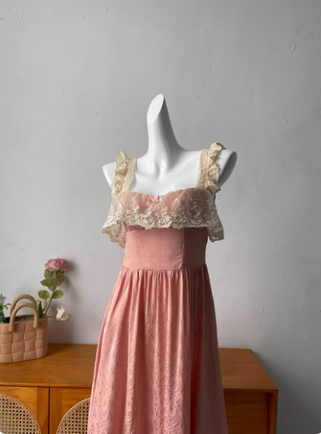 French Style Blush Pink Spaghetti Strap Square Neck Lace Jacquard Satin Formal Prom Dresses