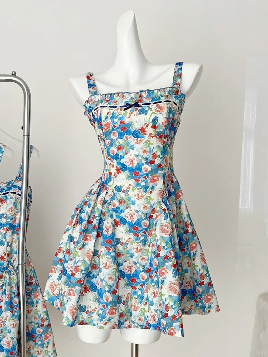 Fresh Blue Floral Waist Thin Strap Square Neck A-Line Short 16Th Birthday Homecoming Dresses Main image