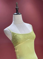 Fresh Elegant Pale Yellow Green Spaghetti Strap Lace Satin Formal Prom Dresses