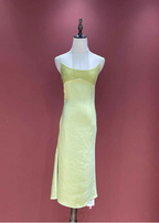 Fresh Elegant Pale Yellow Green Spaghetti Strap Lace Satin Formal Prom Dresses