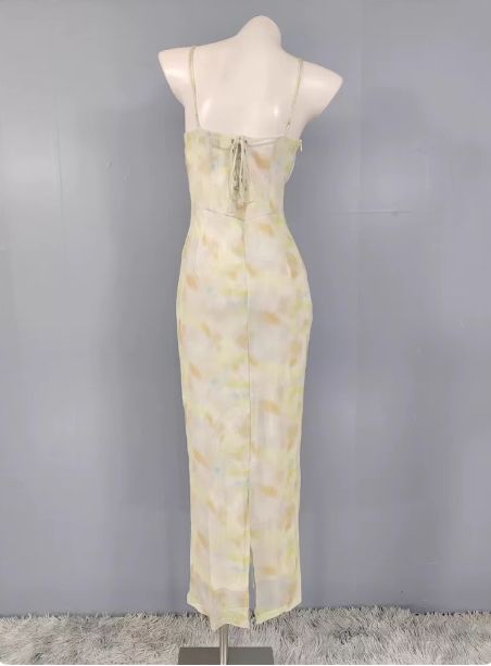 Fresh Gradient Print Spaghetti Strap Chiffon Long Formal Prom Dresses