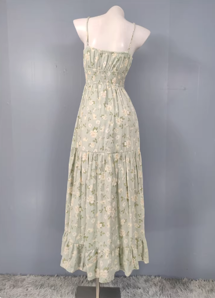 Fresh Green A-Line Spaghetti Strap V-Neck Floral Print Cotton Long Formal Prom Dresses