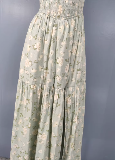 Fresh Green A-Line Spaghetti Strap V-Neck Floral Print Cotton Long Formal Prom Dresses