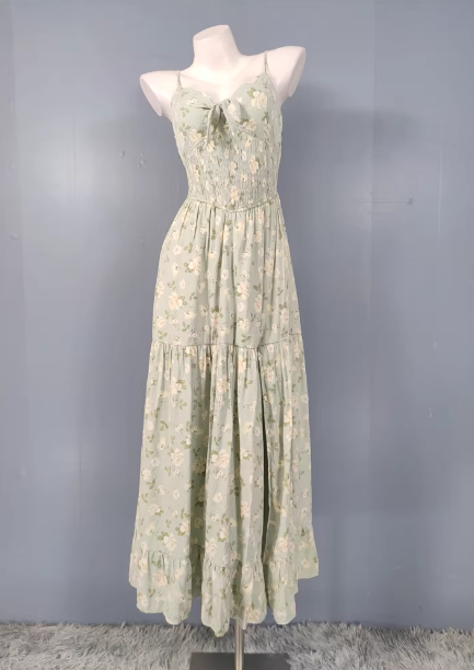 Fresh Green A-Line Spaghetti Strap V-Neck Floral Print Cotton Long Formal Prom Dresses Main image