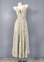 Fresh Green A-Line Spaghetti Strap V-Neck Floral Print Cotton Long Formal Prom Dresses