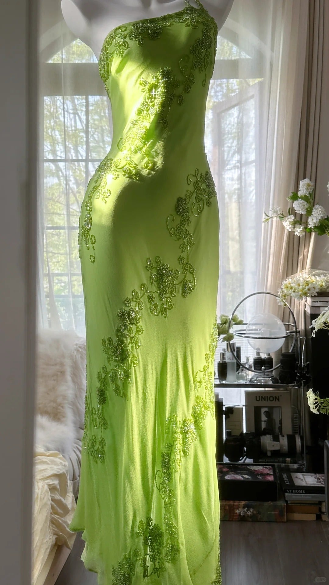 Fresh Green One Shoulder Chiffon Beaded Mermaid Prom Gown Formal Prom Dresses Secondary image