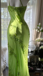 Fresh Green One Shoulder Chiffon Beaded Mermaid Prom Gown Formal Prom Dresses