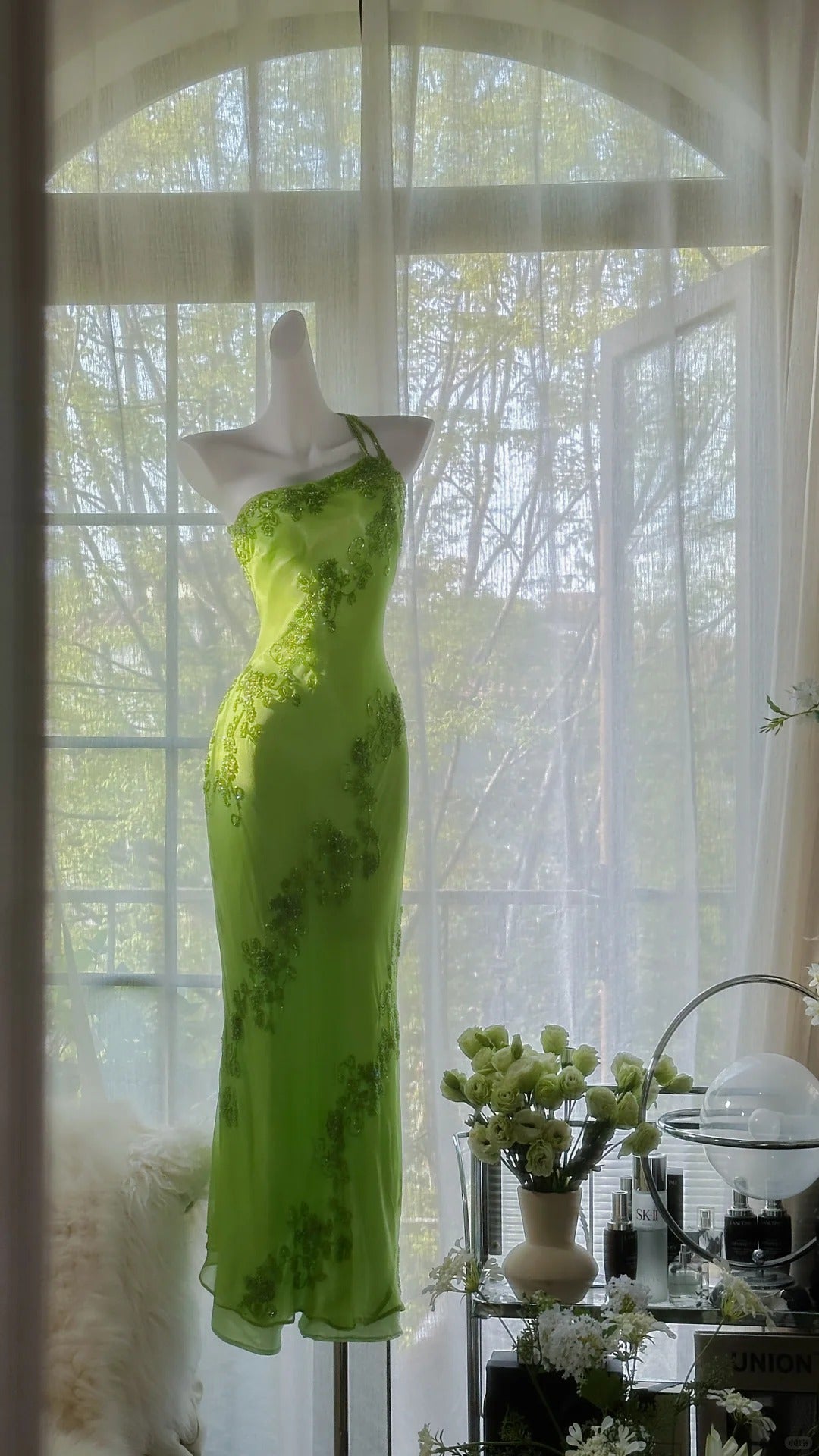 Fresh Green One Shoulder Chiffon Beaded Mermaid Prom Gown Formal Prom Dresses