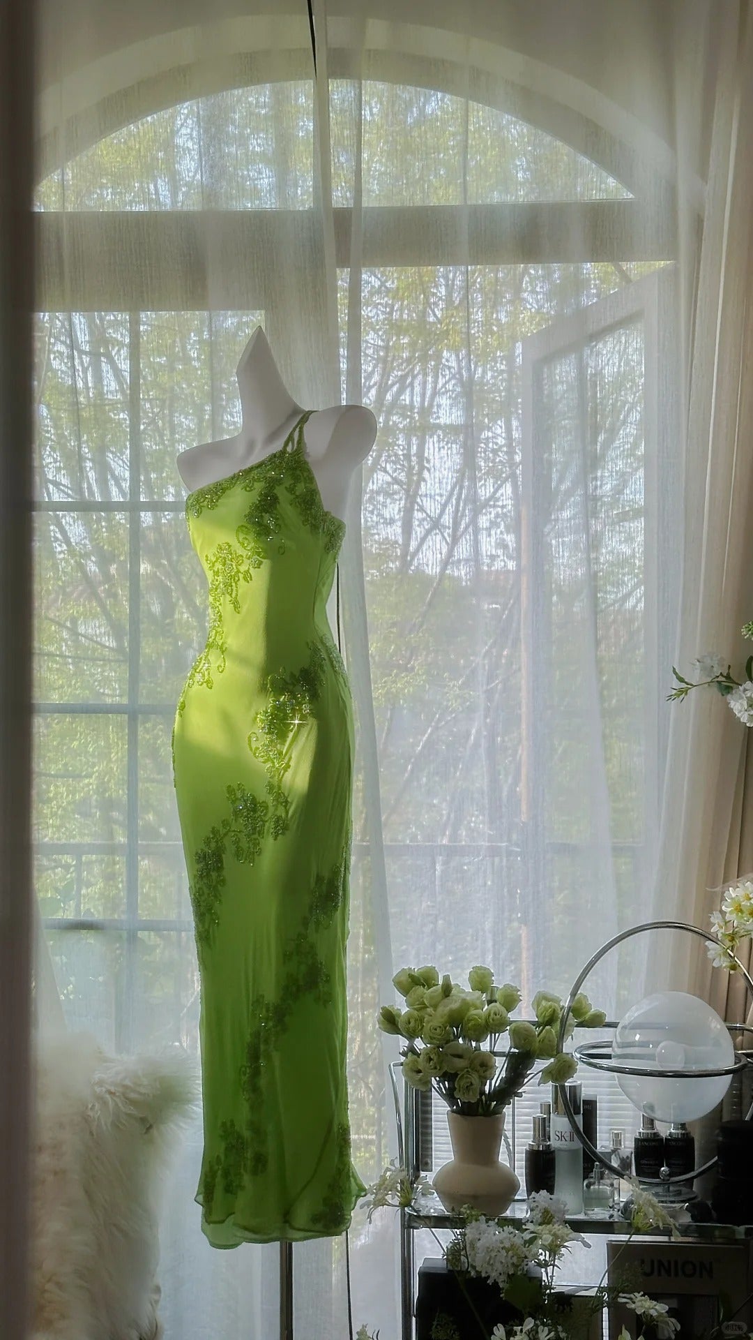 Fresh Green One Shoulder Chiffon Beaded Mermaid Prom Gown Formal Prom Dresses