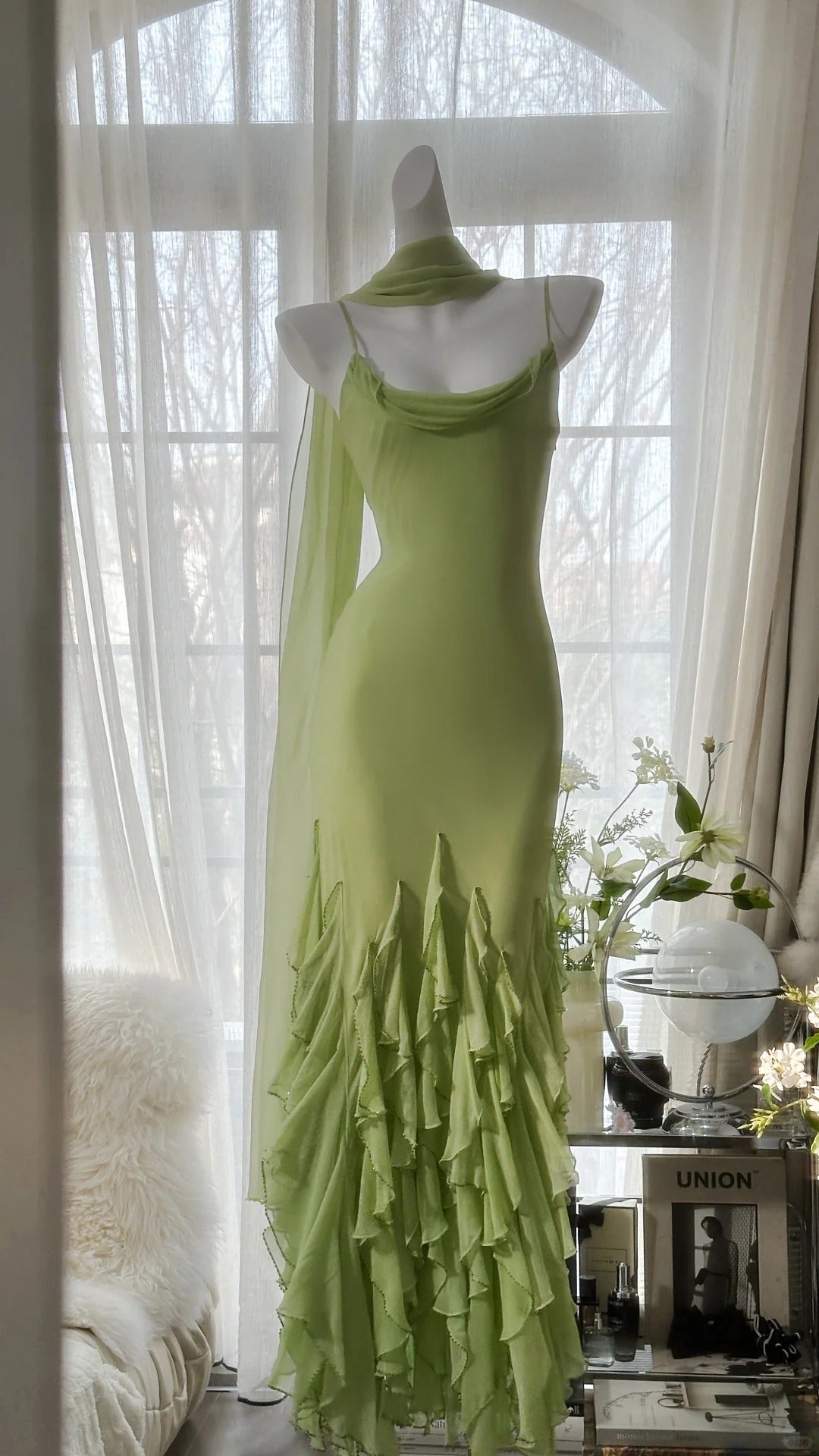 Fresh Green Simple Chiffon Ruffle Skirt Prom Dress