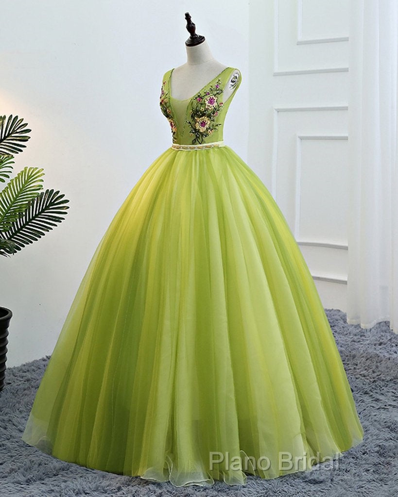 Fresh Green Tulle V Neck Long Lace Up Senior Formal Prom Dresses With Applique
