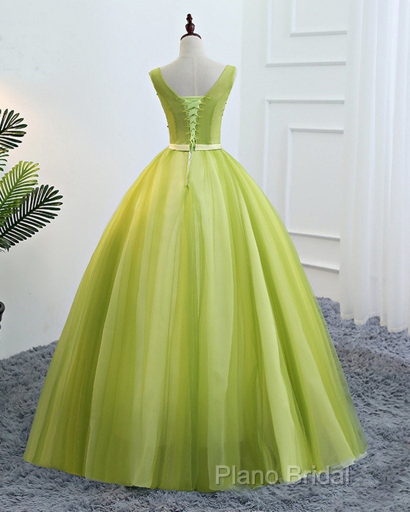 Fresh Green Tulle V Neck Long Lace Up Senior Formal Prom Dresses With Applique