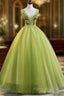Fresh Green Tulle V Neck Long Lace Up Senior Formal Prom Dresses With Applique
