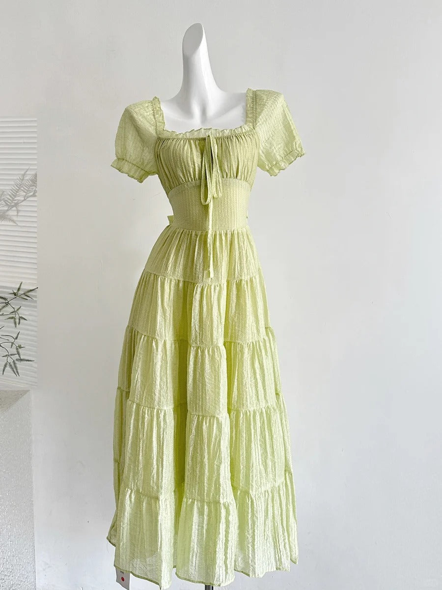 Fresh Light Green A-Line Short-Sleeved Back Hollow Long Formal Prom Dresses Bridesmaid Dresses Secondary image