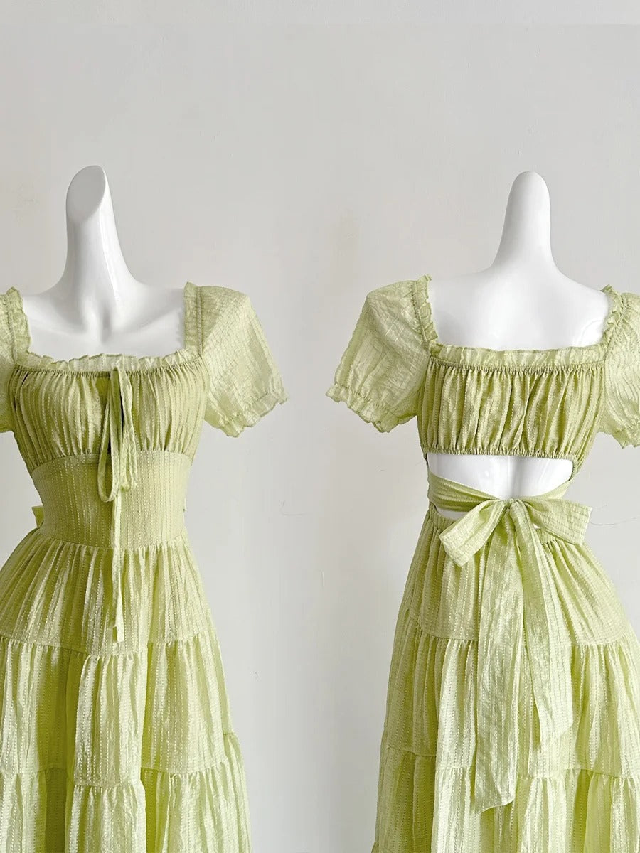 Fresh Light Green A-Line Short-Sleeved Back Hollow Long Formal Prom Dresses Bridesmaid Dresses