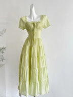 Fresh Light Green A-Line Short-Sleeved Back Hollow Long Formal Prom Dresses Bridesmaid Dresses