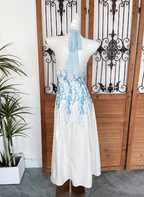 Fresh Printed A-Line Halter Neck Satin Long Formal Prom Dresses