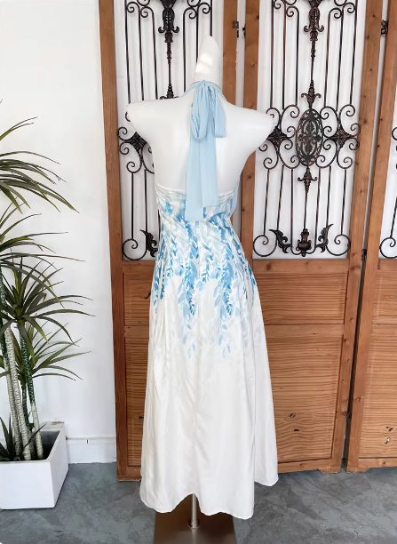 Fresh Printed A-Line Halter Neck Satin Long Formal Prom Dresses