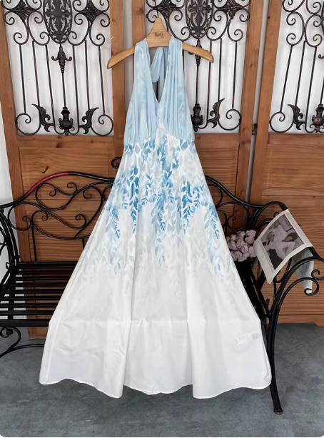 Fresh Printed A-Line Halter Neck Satin Long Formal Prom Dresses