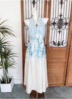 Fresh Printed A-Line Halter Neck Satin Long Formal Prom Dresses