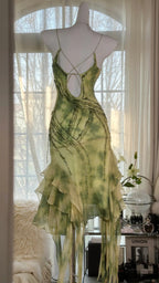 Fresh Rendering Green Beaded Chiffon Irregular Skirt Prom Dress