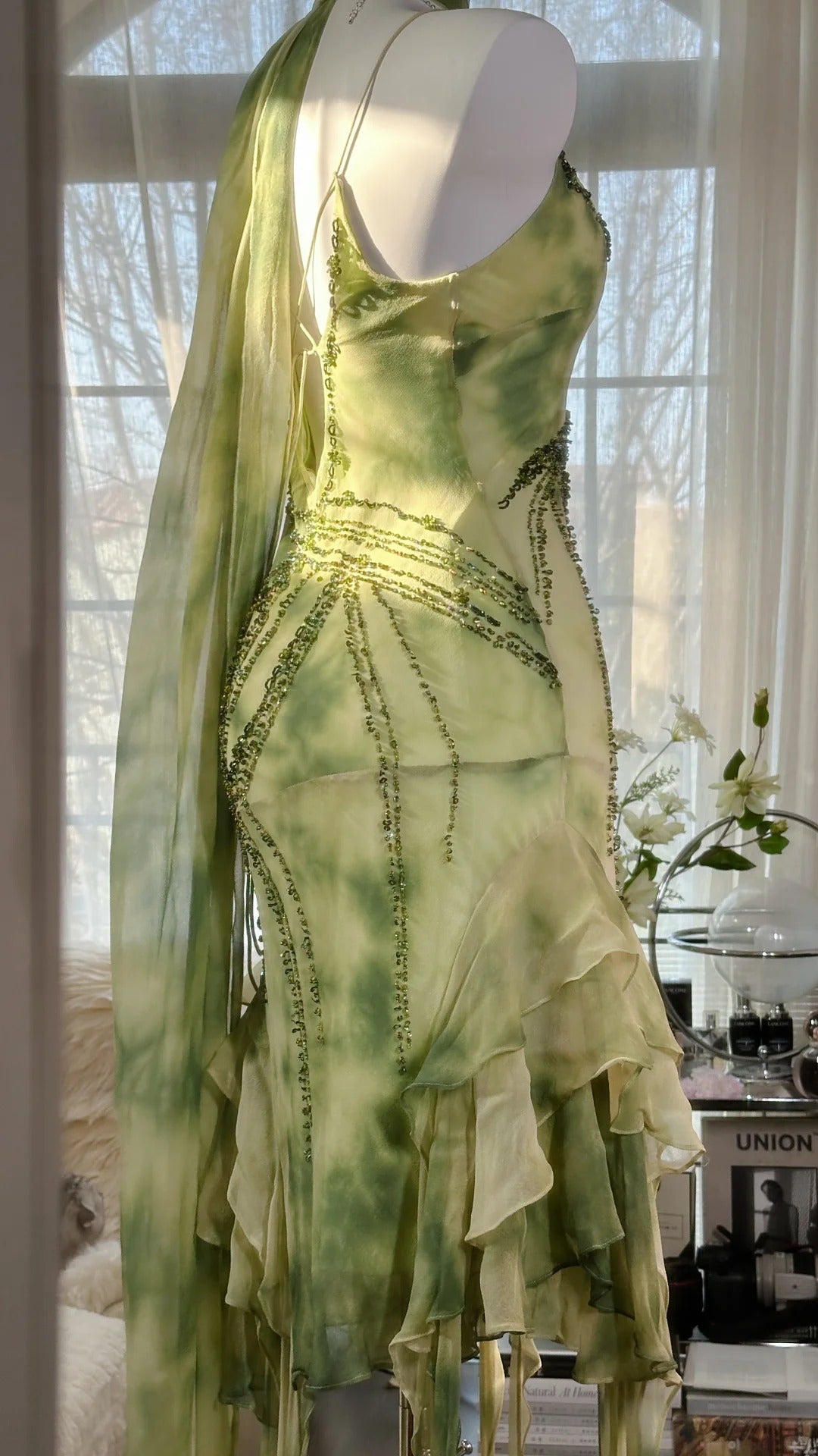 Fresh Rendering Green Beaded Chiffon Irregular Skirt Prom Dress