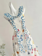 Fresh White Background Colorful Floral V-Neck Ruffle Waist Chiffon Long Formal Prom Dresses