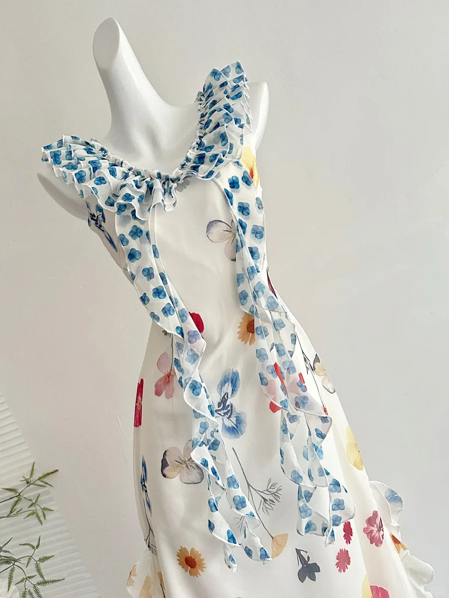 Fresh White Background Colorful Floral V-Neck Ruffle Waist Chiffon Long Formal Prom Dresses