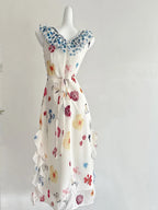Fresh White Background Colorful Floral V-Neck Ruffle Waist Chiffon Long Formal Prom Dresses
