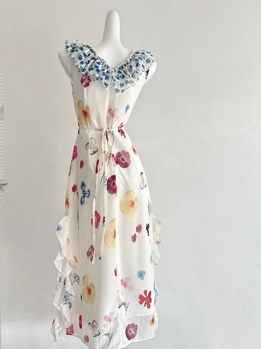 Fresh White Background Colorful Floral V-Neck Ruffle Waist Chiffon Long Formal Prom Dresses