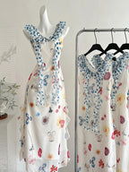 Fresh White Background Colorful Floral V-Neck Ruffle Waist Chiffon Long Formal Prom Dresses