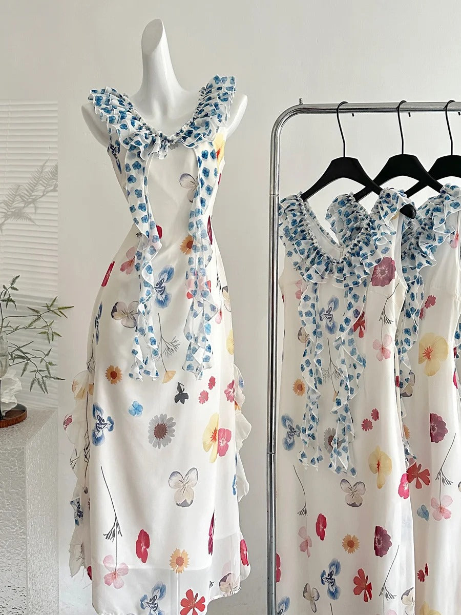 Fresh White Background Colorful Floral V-Neck Ruffle Waist Chiffon Long Formal Prom Dresses