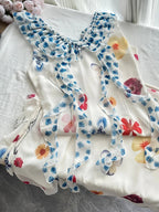 Fresh White Background Colorful Floral V-Neck Ruffle Waist Chiffon Long Formal Prom Dresses