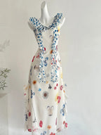Fresh White Background Colorful Floral V-Neck Ruffle Waist Chiffon Long Formal Prom Dresses