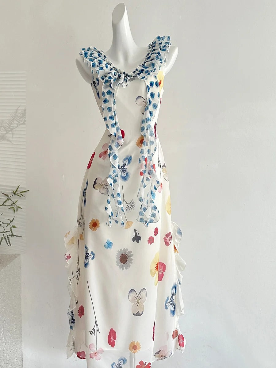 Fresh White Background Colorful Floral V-Neck Ruffle Waist Chiffon Long Formal Prom Dresses