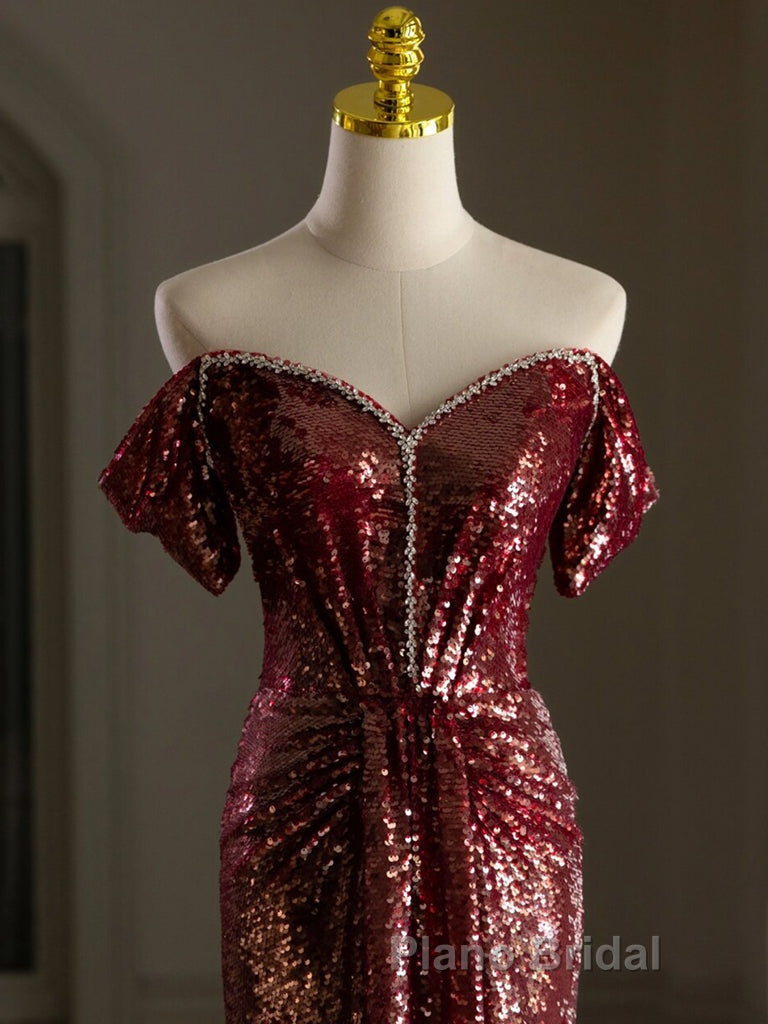 Simple Off Shoulder Sequin Burgundy Long Formal Prom Dress, Burgundy Long Evening Dress