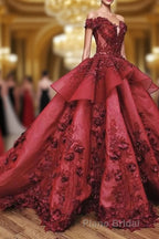 Ball Gown Off the Shoulder Formal Prom Dresses with Beading, Puffy Long Quinceanera Dresses