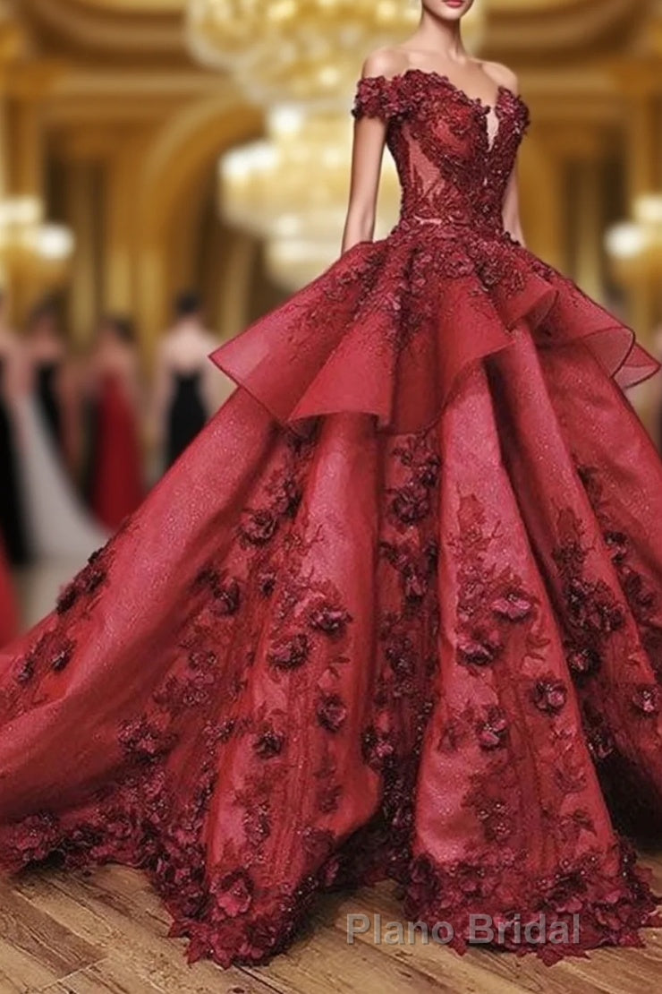 Ball Gown Off the Shoulder Formal Prom Dresses with Beading, Puffy Long Quinceanera Dresses Main image